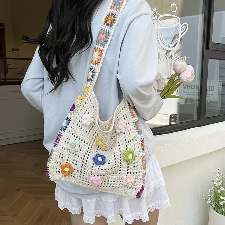 Crochet Flower Tote Bag Shoulder Strap Y2K Whimsy Beach Shopping Summer Vacation