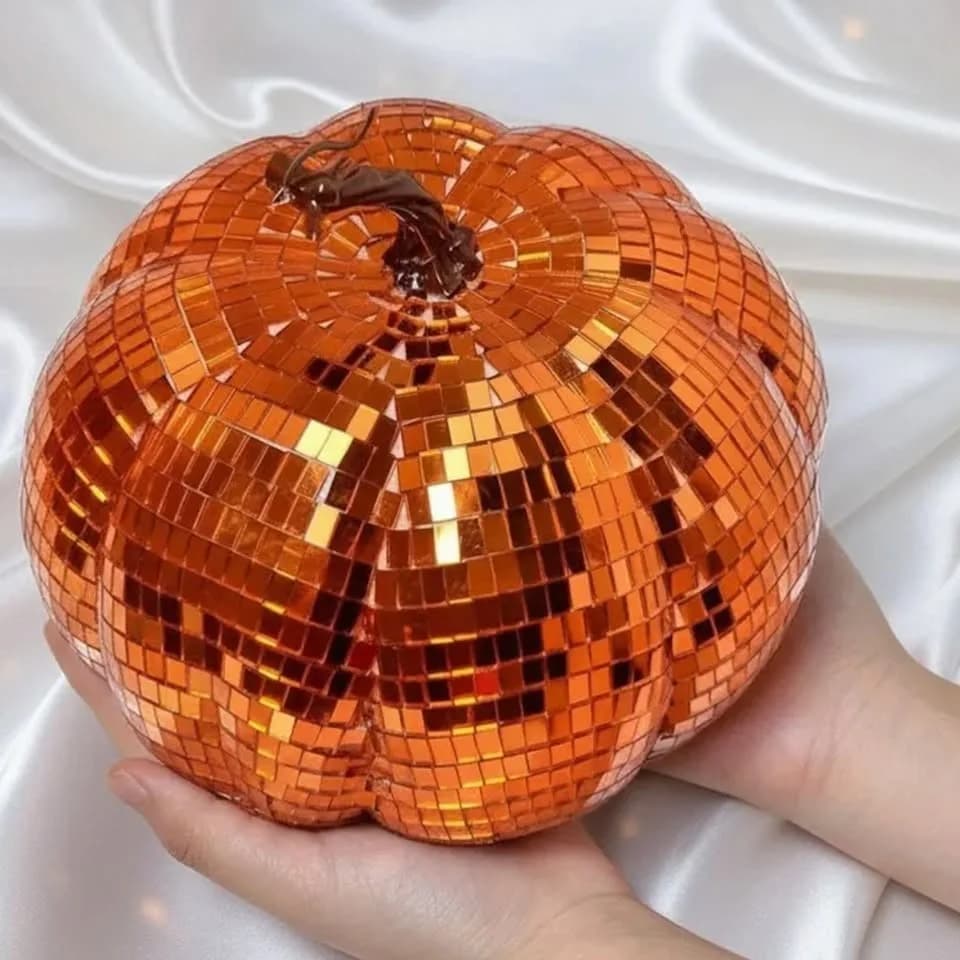 Orange Mirror Disco Ball Pumpkin Large 20cm Halloween Party Decor Spooky Season