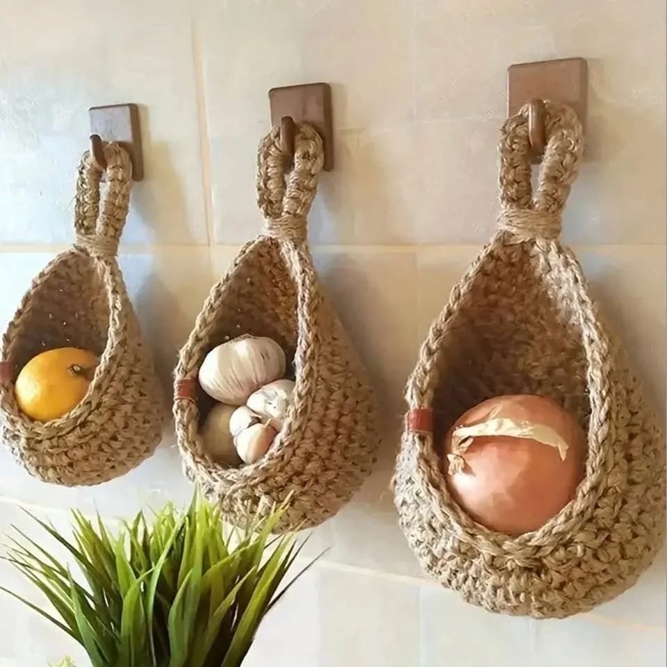 Natural 3 Pc Set XS Hanging Baskets Kitchen Storage Fruit Basket Organisation