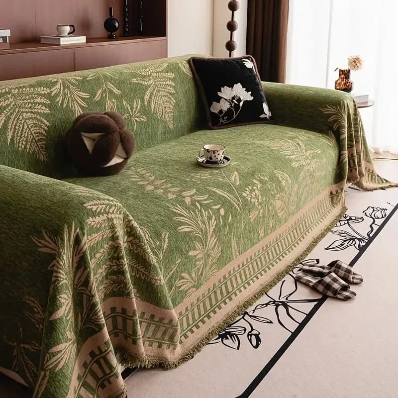 Boho Sofa Cover Green Botanical Throw 130 x 180cm Washable Couch Pet Protector
