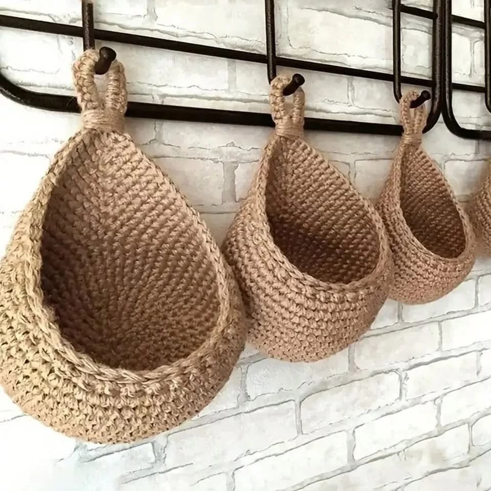 Natural Woven 3 Pc Set Large Hanging Storage Baskets Kitchen Fruit Veg Organiser