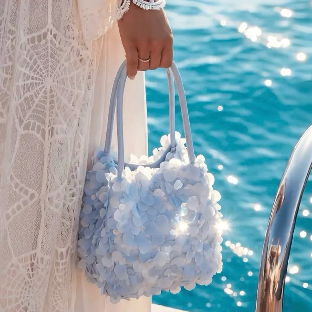 Summer Sequin Square Shoulder Bag Sky Blue Luxe Statement Cocktail Party Resort