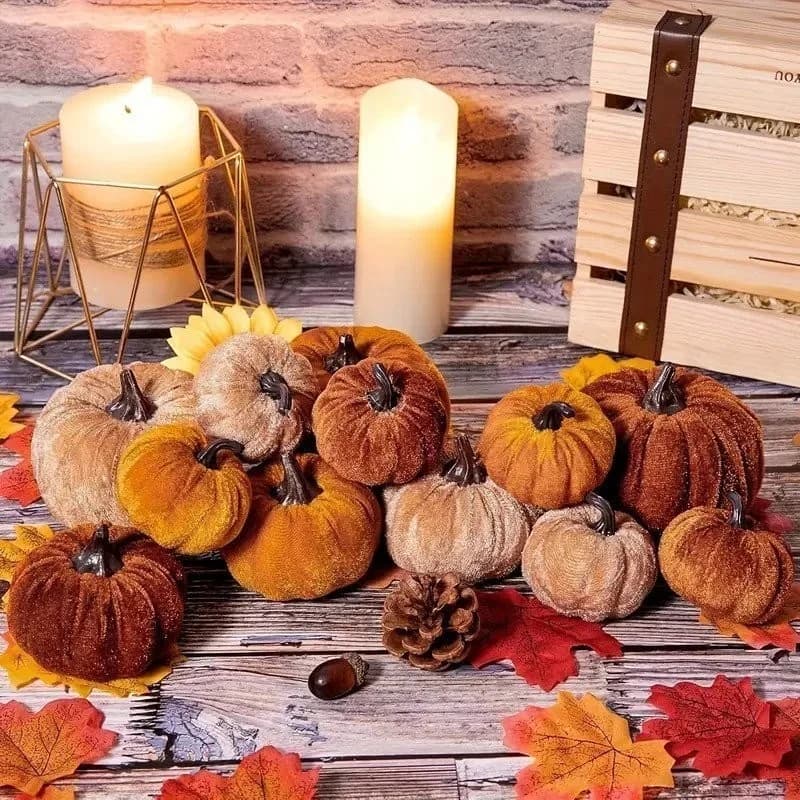 Rustic Set 15 Velvet Pumpkins Table Decor Autumn Fall Seasonal Halloween Party