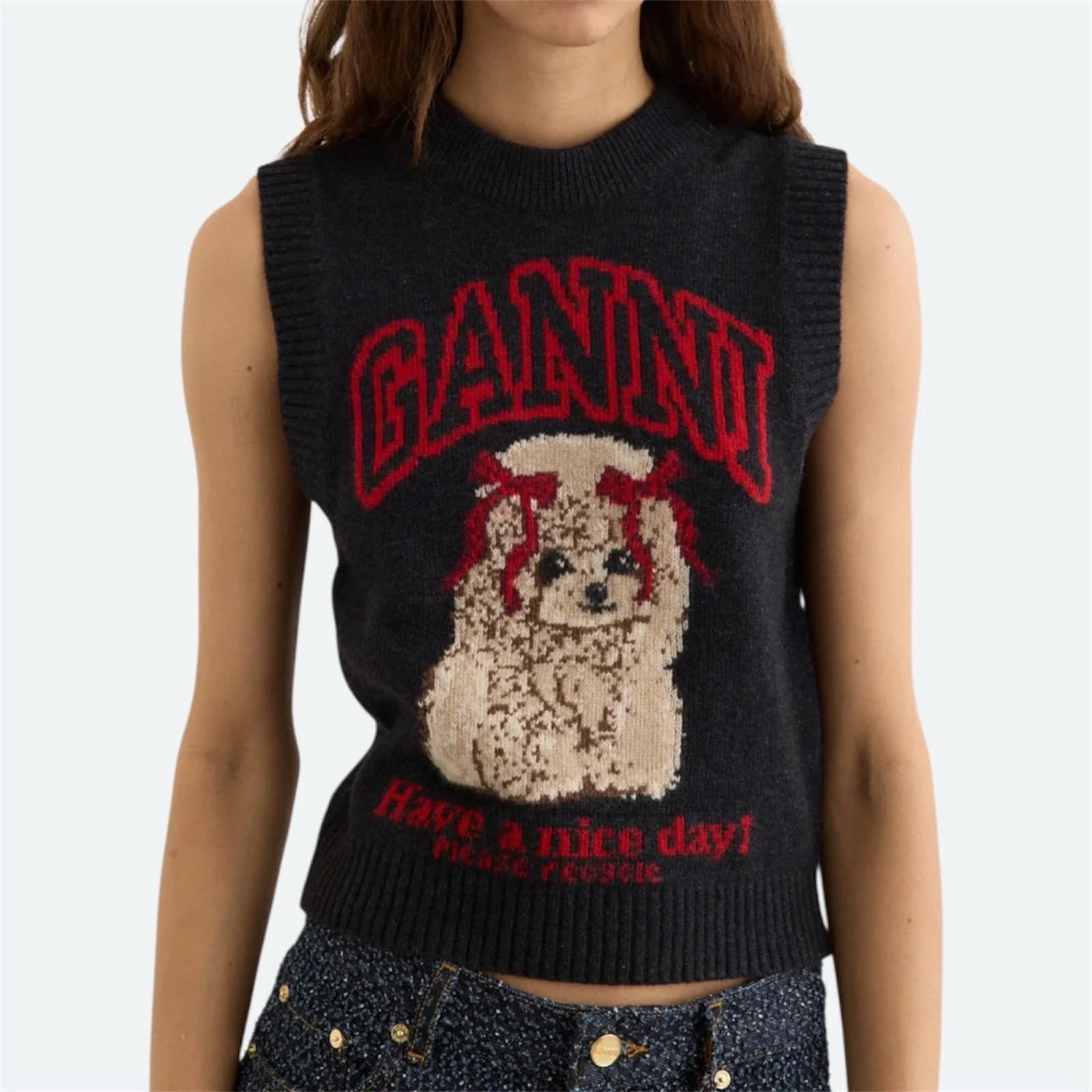 Ganni Graphic Knit Vest L / AU 12 / US 8 Preppy Bows Grey Sleeveless Sweater Top