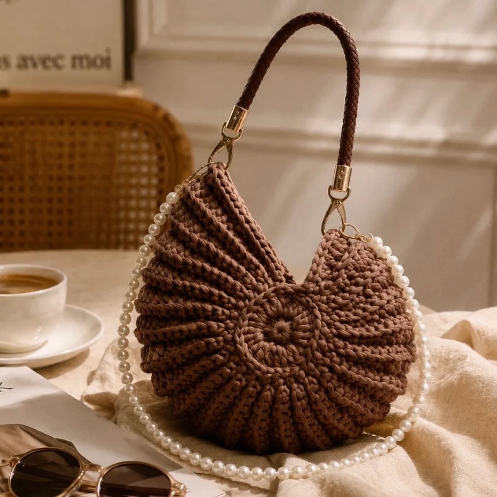 Coastal Luxe Shell Woven Crochet Shoulder Bag Choc Brown Summer Pearl Strap
